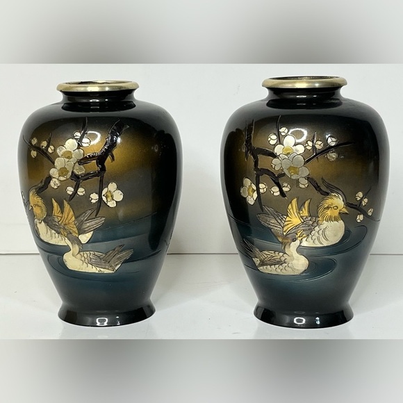 Vintage Japanese Chokin Mixed Metal Set of 2 Vases 5.75 in Signed